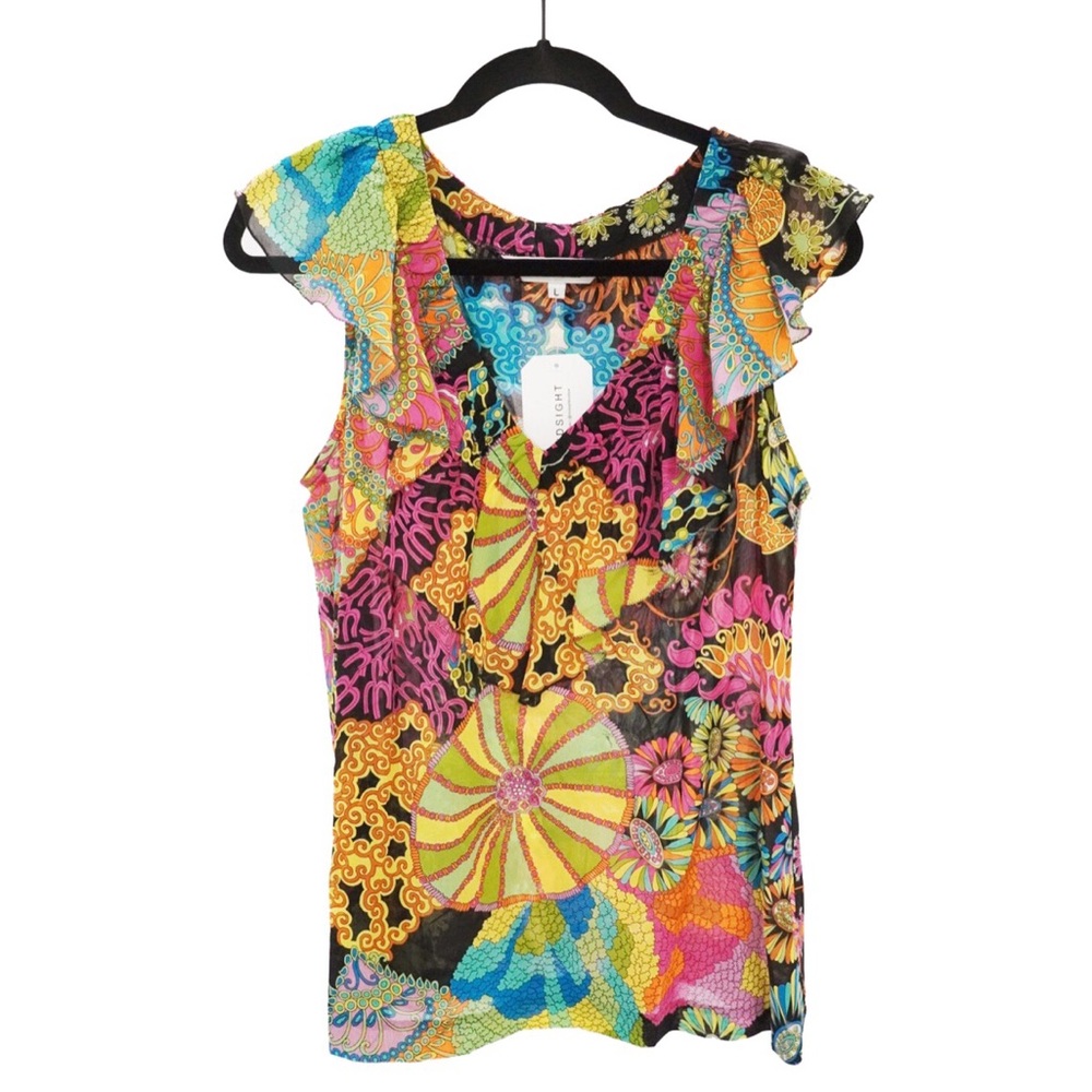 Trina Turk Silk Abstract Ruffle Blouse